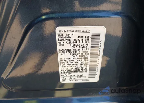 2015 Nissan Rogue Select S z USA, uszkodzony, nr VIN JN8AS5MT6FW652518